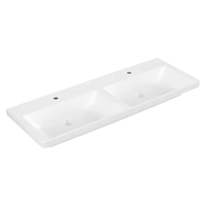 Villeroy & Boch Subway 3.0 Aufsatzwaschbecken - Ohne Spezialglasur, Ohne Überlauf, Weiß Alpin, Höhe: 16,5 cm, Anzahl Hahnlöcher: 2 - Weißes Doppelwaschbecken aus Keramik mit zwei integrierten Becken und vorgebohrten Hahnlöchern, für gleichzeitige Nutzung.