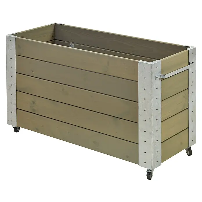 Plus Pflanzkasten Cubic - Außenmaß (L x B x H): 120 x 50 x 70 cm, Holz, Grau/Braun - Olivgrüner Pflanzkasten aus Holz auf Rollen mit verzinkten Metalleckverstärkungen.