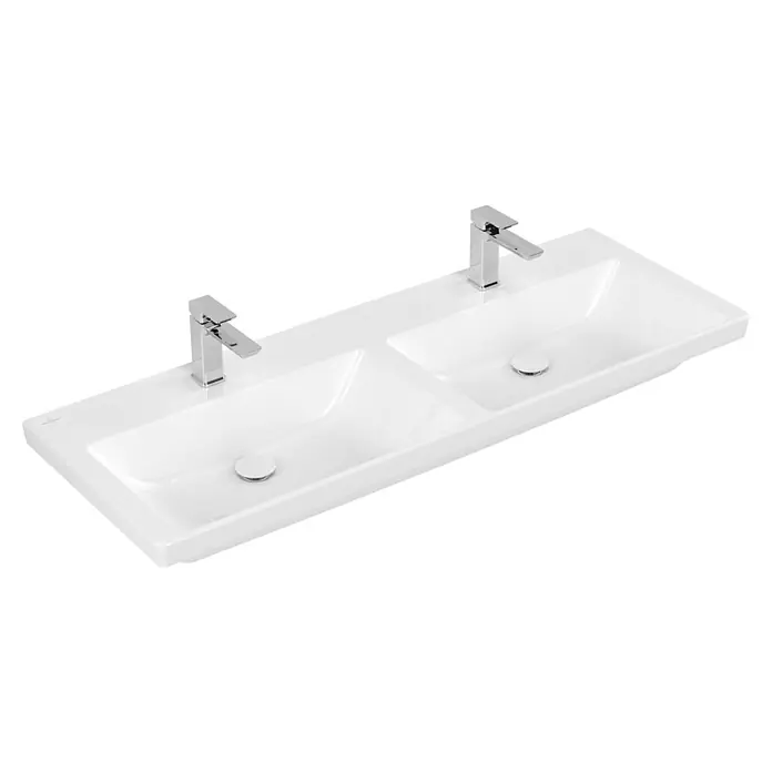 Villeroy & Boch Subway 3.0 Aufsatzwaschbecken - Ohne Spezialglasur, Ohne Überlauf, Weiß Alpin, Höhe: 16,5 cm, Anzahl Hahnlöcher: 2 - Weißes Keramik-Doppelwaschbecken mit zwei Chromarmaturen.