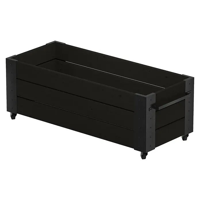 Plus Pflanzkasten Cubic - Außenmaß (L x B x H): 120 x 50 x 45 cm, Holz, Schwarz - Dunkles Holz-Pflanzgefäß, rechteckig, mit Metallecken und Rollen für leichte Beweglichkeit.