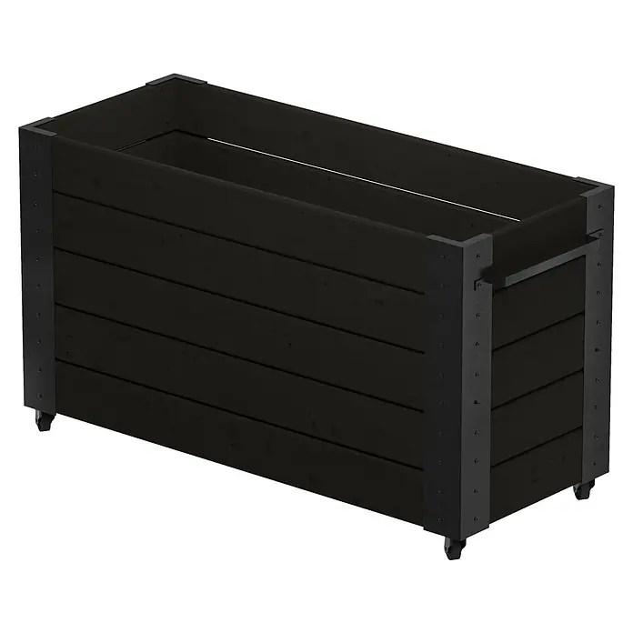 Plus Pflanzkasten Cubic - Außenmaß (L x B x H): 120 x 50 x 70 cm, Holz, Schwarz - Dunkler rechteckiger Blumenkasten aus Holz mit Metallverstärkungen und Rollen.