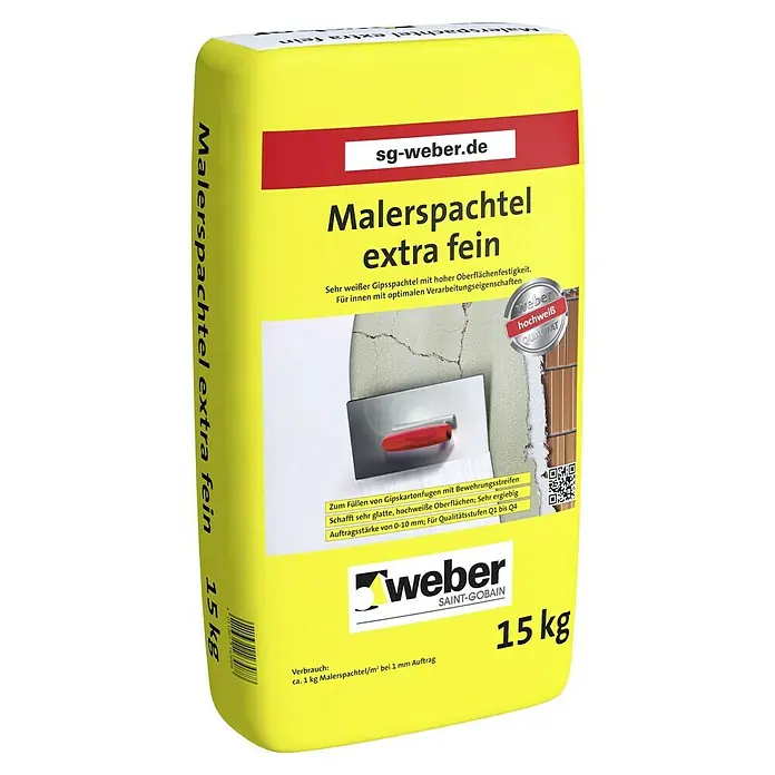 SG Weber Malerspachtel Extra Fein - 15 kg, Weiß - Ein gelber Sack Malerspachtel extra fein von Weber, 15 kg, für glatte Oberflächen und zum Füllen von Gipskartonfugen.