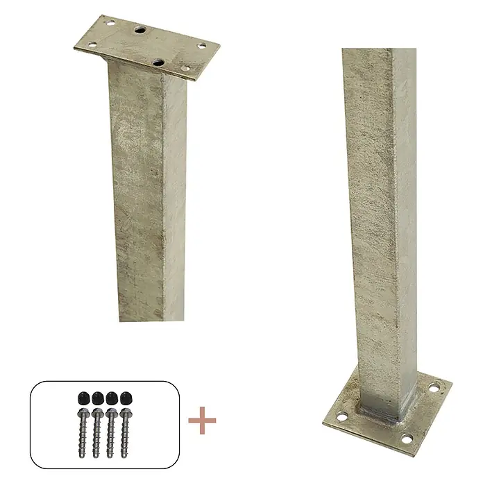 Plus Zaunpfosten mit Fuß für Handlauf - Höhe: 103,3 cm, Silber, Stahl, Gerade - Pfostenanker-Set mit Schrauben zur sicheren Befestigung von Holzpfosten auf Betonoberflächen. Ideal für den Bau von Zäunen und Terrassen.