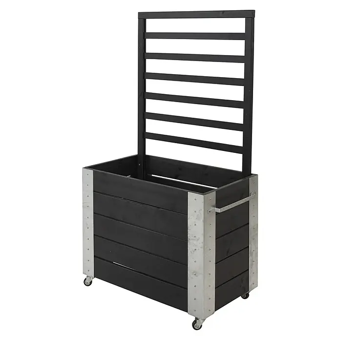 Plus Pflanzkasten Cubic mit Spalier - Außenmaß (L x B x H): 87 x 50 x 155 cm, Holz, Schwarz/Silber - Dunkler Holzkasten für Pflanzen mit integriertem Spalier, silbernen Metallakzenten und Rollen.