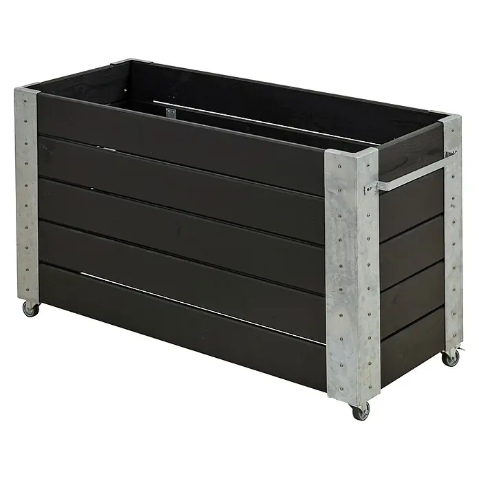 Plus Pflanzkasten Cubic - Außenmaß (L x B x H): 120 x 50 x 70 cm, Holz, Schwarz/Silber - Dunkler Holz-Pflanzkasten mit verzinkten Metallecken und Rollen.