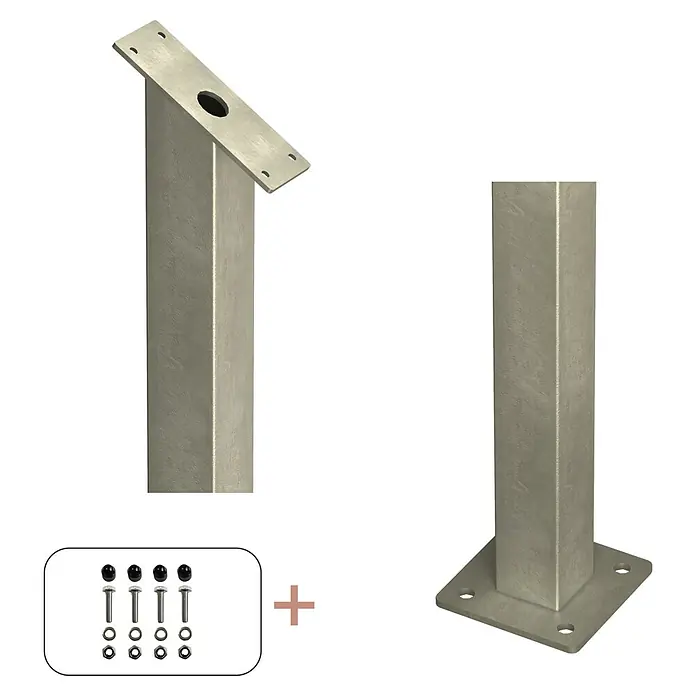 Plus Zaunpfosten mit Fuß für Treppengeländer - Höhe: 87,1 cm, Silber, Stahl - Produktansicht eines Tischgestells aus Metall mit dazugehörigen Schrauben und Unterlegscheiben für die Montage.
