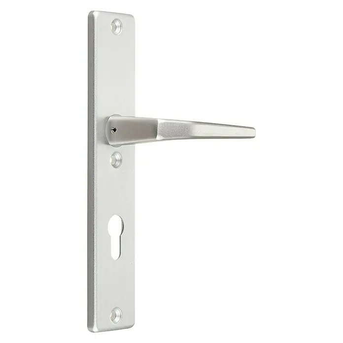 Abus Schutzbeschlag SB 500 - Wohnungsabschlusstür, Aluminium, Knopf außen, Drücker innen, Stärke Tür: 37 mm - 42 mm - Türgriff aus silberfarbenem Metall mit einer länglichen Platte und einem Schlüsselloch. Robustes Design für moderne Türen.