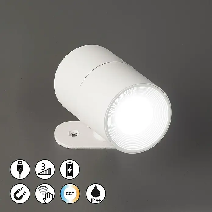 FHL easy Magnetic Akku-Wandleuchte - 9,5 x 5,5 x 5,5 cm, Sandweiß, 1,5 W, IP54, Warmweiß - Weißes zylindrisches LED-Licht an einer Halterung, mit USB-Ladefunktion, Dimmbarkeit, Batterie, Magnetbefestigung, Touch-Steuerung, CCT und IP44.