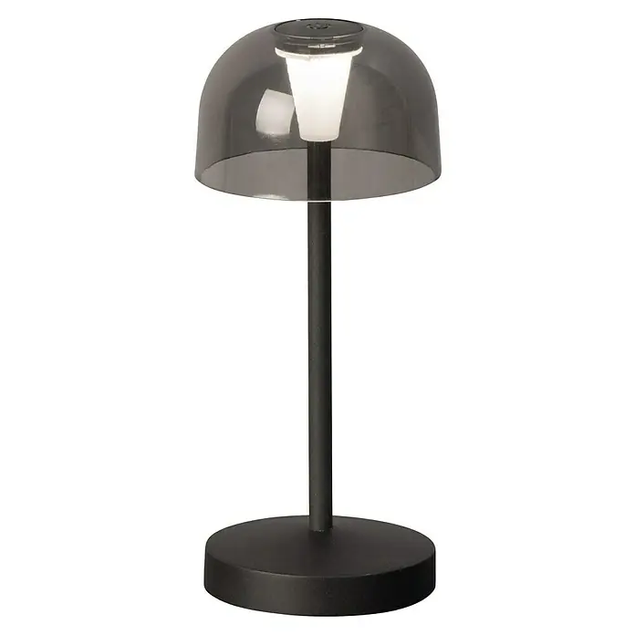 FHL easy Akku-Tischleuchte Tekla - 0,7 W, L x B x H: 8 x 8 x 19 cm, Schwarz, Warmweiß - Schwarze tragbare Tischlampe mit dunklem, durchscheinendem Kuppelschirm und hellem weißem Licht.