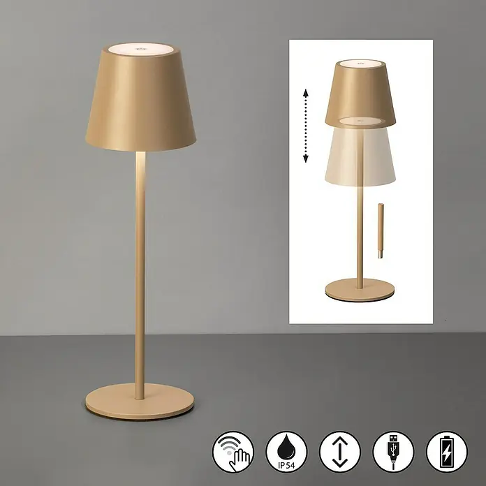 FHL easy Akku-Tischleuchte Viletto - 2 W, L x B x H: 11 x 11 x 36,5 cm, Graubraun, Warmweiß - Goldene, höhenverstellbare, wiederaufladbare Tischleuchte mit Touch-Steuerung und Wasserbeständigkeit.