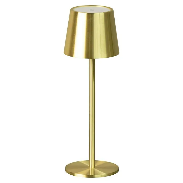 FHL easy Akku-Tischleuchte Roxi - 1,5 W, L x B x H: 9 x 9 x 27,5 cm, Messing, Warmweiß - Goldene Tischlampe aus gebürstetem Metall mit weißem Diffusor.