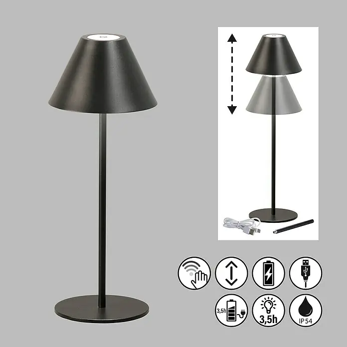FHL easy Akku-Tischleuchte Kano - 2 W, L x B x H: 14 x 14 x 36 cm, Sandschwarz, Warmweiß - Schwarze, höhenverstellbare, kabellose Tischlampe mit konischem Schirm und rundem Fuß, mit Touch-Steuerung und USB-Ladefunktion.