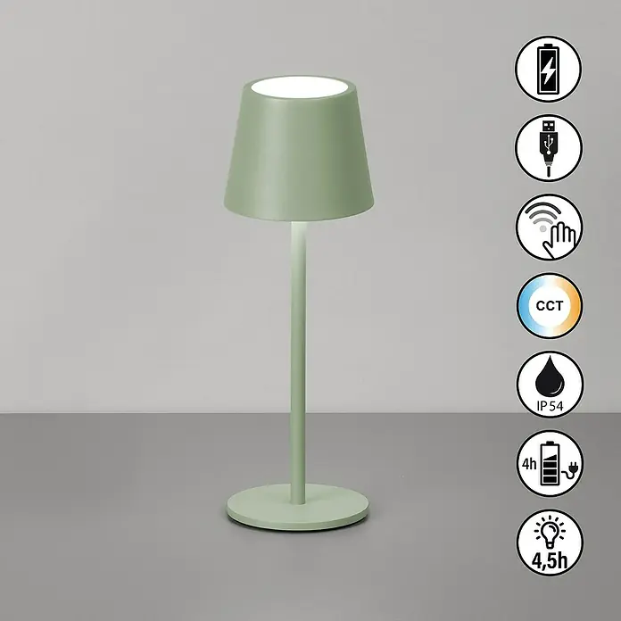 FHL easy Akku-Tischleuchte Roxi - 1,5 W, L x B x H: 9 x 9 x 27,5 cm, Grün, Warmweiß - Matte salbeigrüne, wiederaufladbare und dimmbare Tischlampe mit Touch-Steuerung und IP54 Wasserschutz.