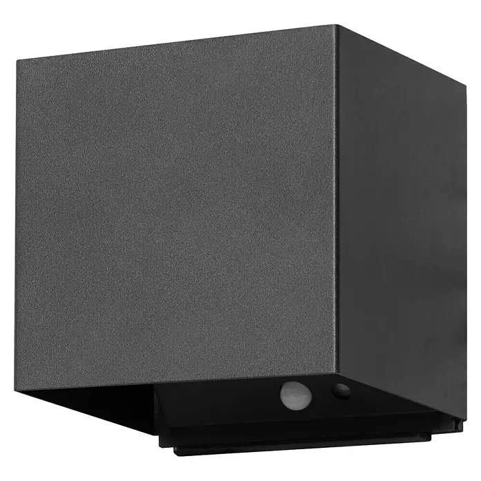 FHL easy Akku-Wandleuchte - 10,5 x 10,5 x 10 cm, Sandschwarz, Warmweiß, 2 W, IP44 - Dunkelgraue, würfelförmige Außenleuchte mit strukturiertem Finish und Sensor.