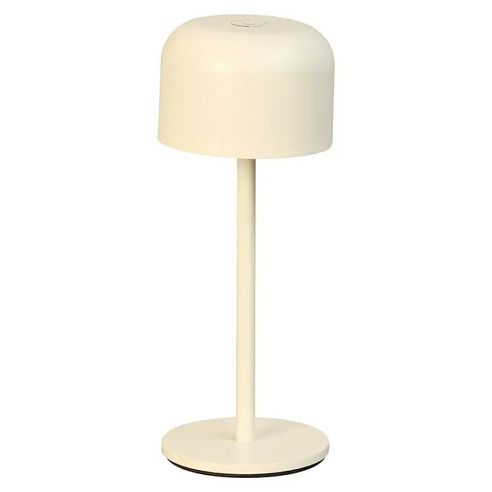 FHL easy Akku-Tischleuchte Finley - 1 W, L x B x H: 8,7 x 8,7 x 22 cm, Sand, Warmweiß - Eine cremefarbene, kabellose Tischleuchte mit pilzförmigem Schirm, zylindrischem Ständer und rundem Fuß, mit dezentem Bedienelement oben.