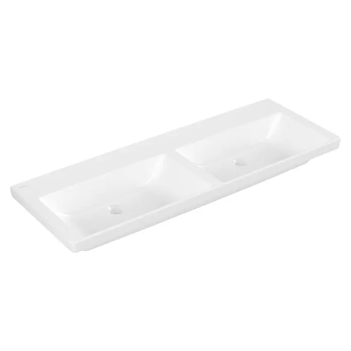Villeroy & Boch Subway 3.0 Aufsatzwaschbecken - 130 x 47,5 cm, Mit schmutzabweisender Glasur, Hahnloch: Ohne, Ohne Überlauf, Weiß Alpin, Anzahl Waschschüsseln: 2 Stk. - Weißes Keramik-Doppelwaschbecken mit zwei integrierten Becken.