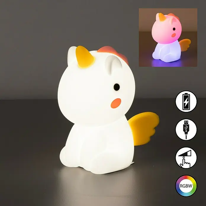 FHL easy LED-Nachtlicht Emily - 0,6 W, L x B x H: 10,5 x 8 x 14 cm, RGBW, Einhorn Emily - Weißes Silikon-Einhorn-Nachtlicht, leuchtet in RGBW-Farben, USB-aufladbar und berührungsgesteuert.