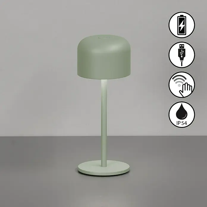 FHL easy Akku-Tischleuchte Finley - 1 W, L x B x H: 8,7 x 8,7 x 22 cm, Salbei, Warmweiß - Hellgrüne tragbare Leuchte mit Touch-Steuerung, Akku und IP54 Wasserschutz.