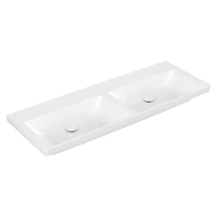 Villeroy & Boch Subway 3.0 Aufsatzwaschbecken - 130 x 47,5 cm, Mit schmutzabweisender Glasur, Hahnloch: Ohne, Ohne Überlauf, Weiß Alpin, Anzahl Waschschüsseln: 2 Stk. - Weißes Keramik-Doppelwaschbecken mit zwei Becken und Chromabläufen.
