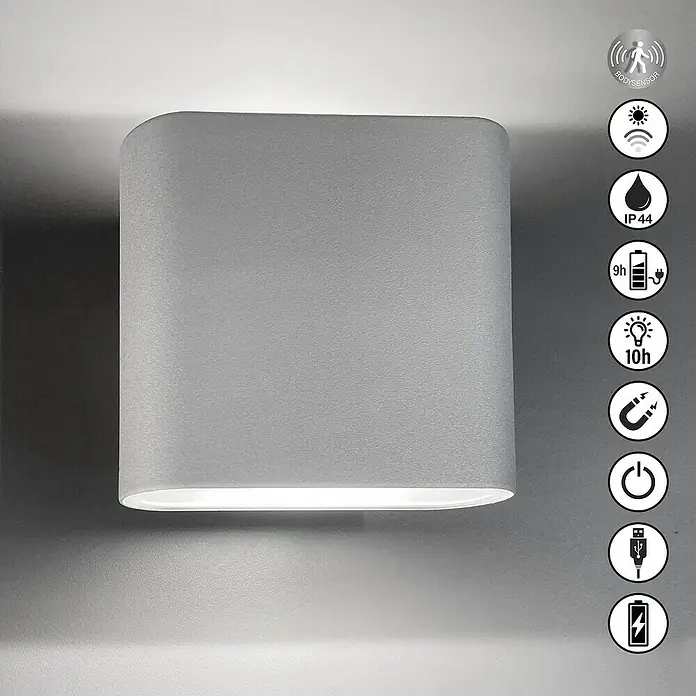 FHL easy Magnetic Akku-Wandleuchte - 5,5 x 10 x 10 cm, Silber, Warmweiß, 1 W, IP44 - Graue rechteckige Wandleuchte mit abgerundeten Kanten, mit Bewegung-/Lichtsensoren, IP44, 9h Akku, 10h Licht, Magnethalterung, USB-Ladung.