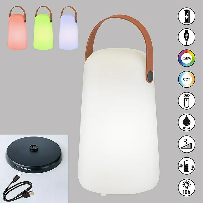 FHL easy Akku-Tischleuchte Varese Pro - 1 W, L x B x H: 12,5 x 12,5 x 21 cm, Weiß, RGBW - Weiße tragbare RGBW LED-Lampe mit braunem Griff, aufladbar über Basis und USB-Kabel.