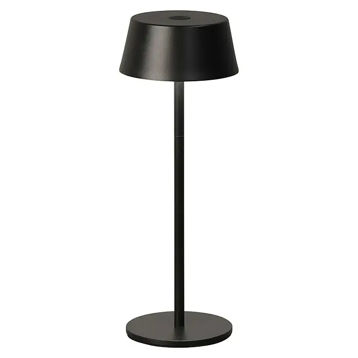 FHL easy Akku-Tischleuchte Verona - 1,5 W, L x B x H: 30 x 11 x 30 cm, Sandschwarz, Warmweiß - Eine minimalistische schwarze Tischlampe aus mattem Metall mit konischem Schirm, zylindrischem Ständer und rundem Fuß.