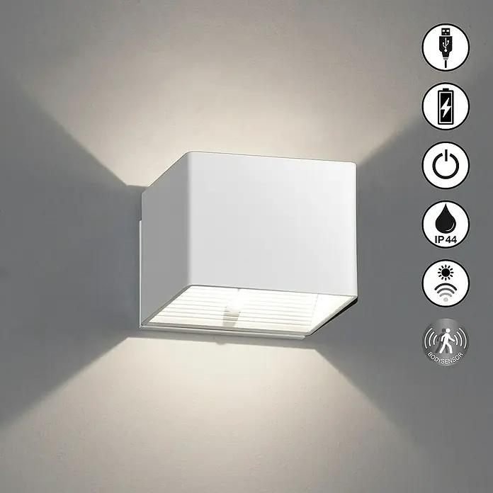 FHL easy Magnetic Akku-Wandleuchte - 10,5 x 10,5 x 10 cm, Sandweiß, Warmweiß, 2 W, IP44 - Weiße, würfelförmige Wandleuchte, strahlt Licht nach oben und unten. Mit USB-Ladefunktion, Akku, IP44, Licht- und Bewegungssensoren.