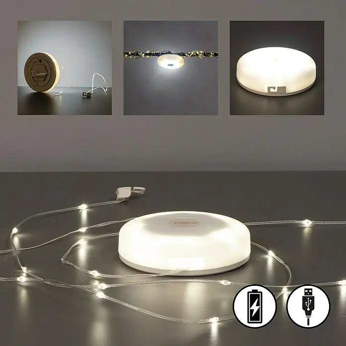 FHL easy LED-Lichterkette Benni - Innen, Lichtfarbe: Warmweiß, Akkubetrieben - Weißes rundes LED-Licht mit integrierten Lichterketten, USB-aufladbar und batteriebetrieben.