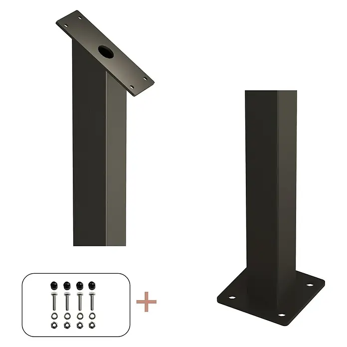 Plus Zaunpfosten mit Fuß für Treppengeländer - Höhe: 87,1 cm, Schwarz, Stahl - Tischgestell mit schwarzer Oberfläche und dazugehörigen Schrauben. Elegantes und modernes Design für individuelle Tischprojekte.