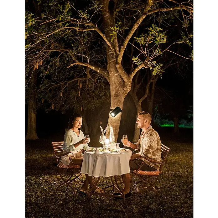FHL easy Magnetic LED-Klemmleuchte - L x B x H: 9,5 x 5,5 x 5,5 cm - Schwarzer Strahler an einem Baum, der ein romantisches Abendessen im Freien beleuchtet.