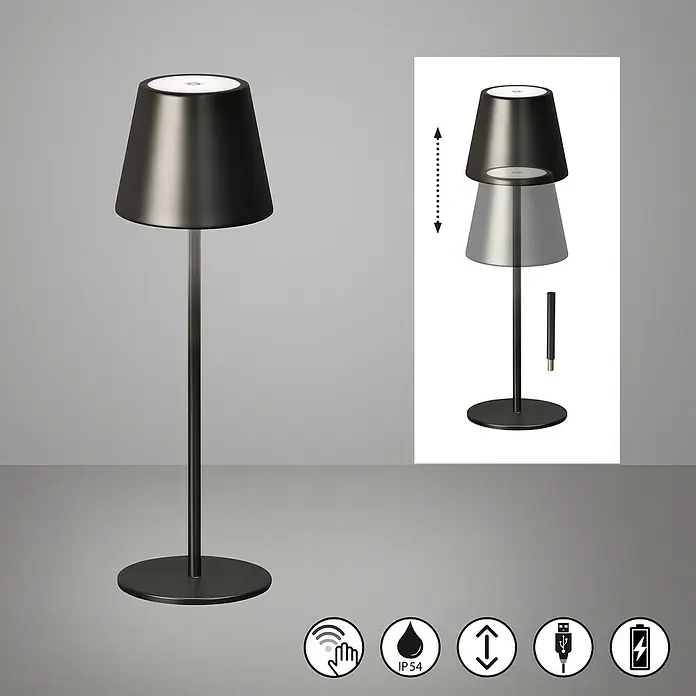 FHL easy Akku-Tischleuchte Viletto - 2 W, L x B x H: 11 x 11 x 36,5 cm, Grau, Warmweiß - Dunkelgraue kabellose Tischleuchte mit Touch-Steuerung, höhenverstellbar, USB-Ladefunktion und IP54-Schutz.
