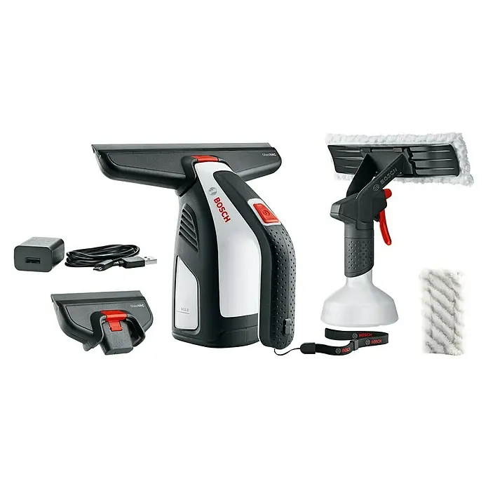 Bosch Akku-Fenstersauger GlassVac Set - 3,6 V, 2 Ah - Abgebildet ist ein Bosch Akku-Fenstersauger mit Zubehör, darunter Sprühflasche, Ladegerät und Mikrofaserwischer, ideal für streifenfreie Fenster.