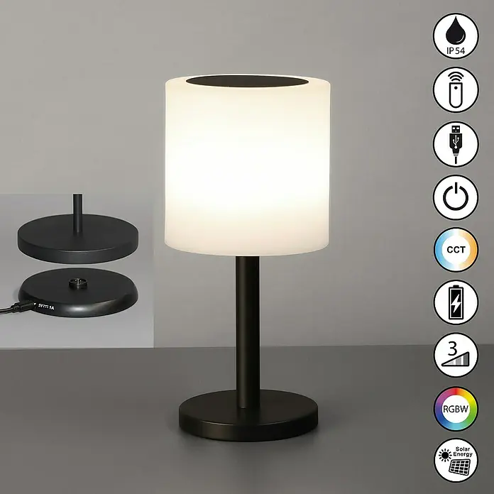 FHL easy Akku-Tischleuchte Milano - L x B x H: 13 x 13 x 28 cm, Weiß, RGBW, 1 W, IP54 - Schwarze LED-Tischleuchte mit weißem Zylinderschirm, magnetisch ladbar, IP54, RGBW, CCT, 3-stufig dimmbar, USB, Fernbedienung, Akku und Solarenergie.