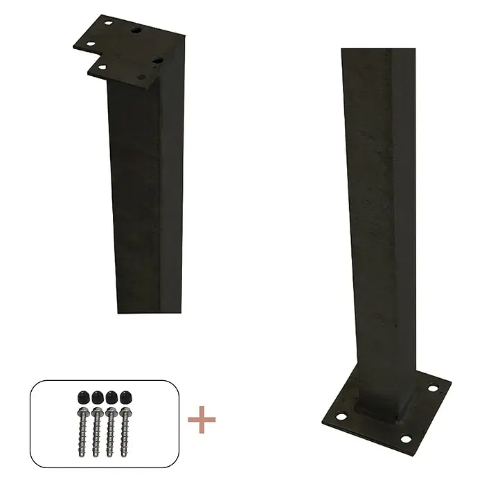 Plus Zaunpfosten mit Fuß für Handlauf - Höhe: 103,3 cm, Schwarz, Stahl, Ecke - Abbildung von zwei schwarzen Tischbeinen aus Metall mit Schrauben zur Befestigung an einer Tischplatte. Ideal für DIY-Möbelprojekte.