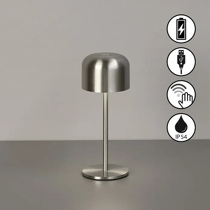FHL easy Akku-Tischleuchte Finley - 1 W, L x B x H: 8,7 x 8,7 x 22 cm, Silber, Warmweiß - Gebürstete silberne wiederaufladbare Tischleuchte mit Touch-Steuerung und IP54-Wasserschutz.