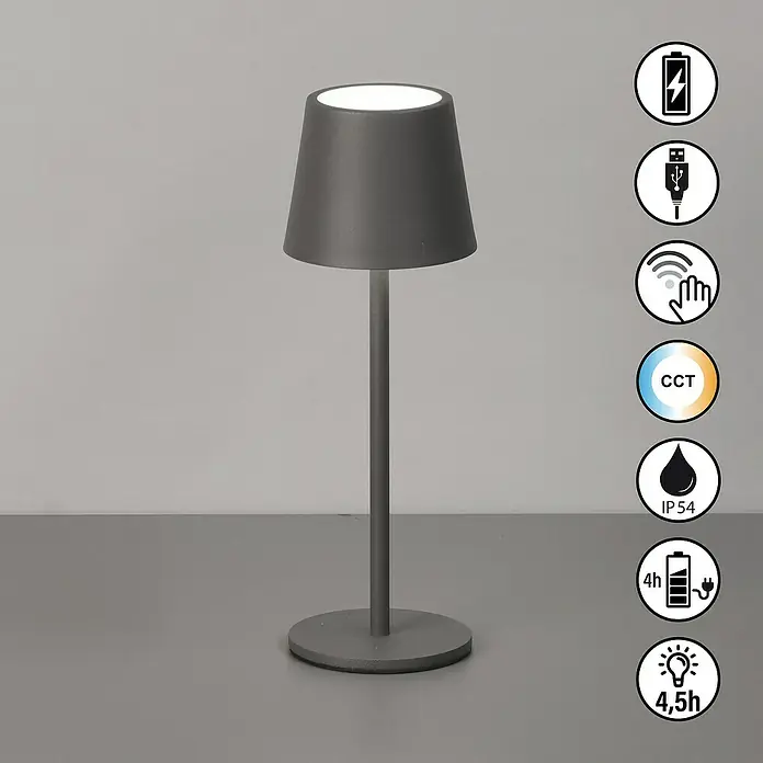 FHL easy Akku-Tischleuchte Roxi - 1,5 W, L x B x H: 9 x 9 x 27,5 cm, Grau, Warmweiß - Dunkelgraue, wiederaufladbare LED-Tischleuchte mit Touch-Steuerung, einstellbarer CCT und IP54-Schutzart.