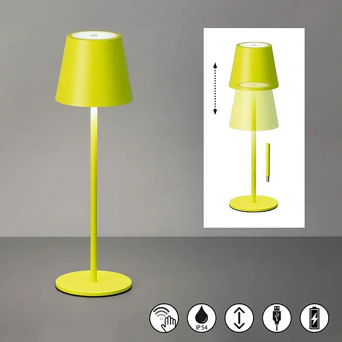 FHL easy Akku-Tischleuchte Viletto - 2 W, L x B x H: 11 x 11 x 36,5 cm, Hellgrün, Warmweiß - Limettengrüne, höhenverstellbare LED-Tischleuchte mit konischem Schirm, Touch-Bedienung und tragbarer Funktion.