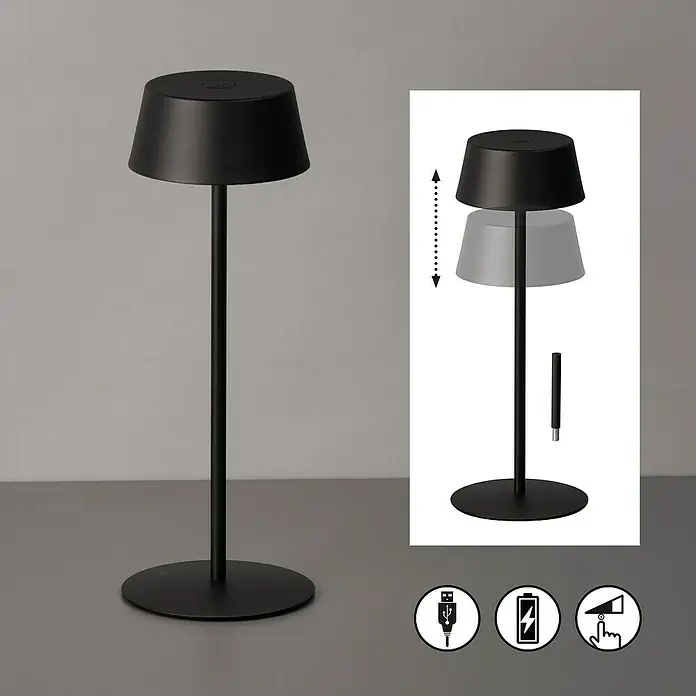 FHL easy Akku-Tischleuchte Verona - 1,5 W, L x B x H: 30 x 11 x 30 cm, Sandschwarz, Warmweiß - Eine schwarze, matte Metall-Tischlampe mit verstellbarer Höhe, USB-Ladefunktion, Akkubetrieb und Touch-Dimmfunktion.
