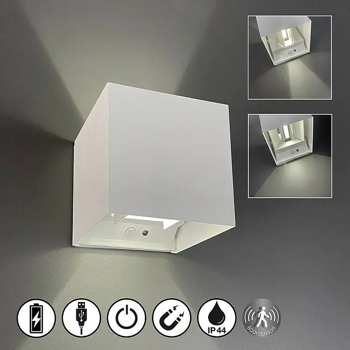 FHL easy Akku-Wandleuchte - 5,5 x 10 x 10 cm, Sandweiß, Warmweiß, 2 W, IP44 - Weiße rechteckige Wandleuchte mit Auf-/Ab-Beleuchtung, wiederaufladbar, magnetisch und Bodensensor.