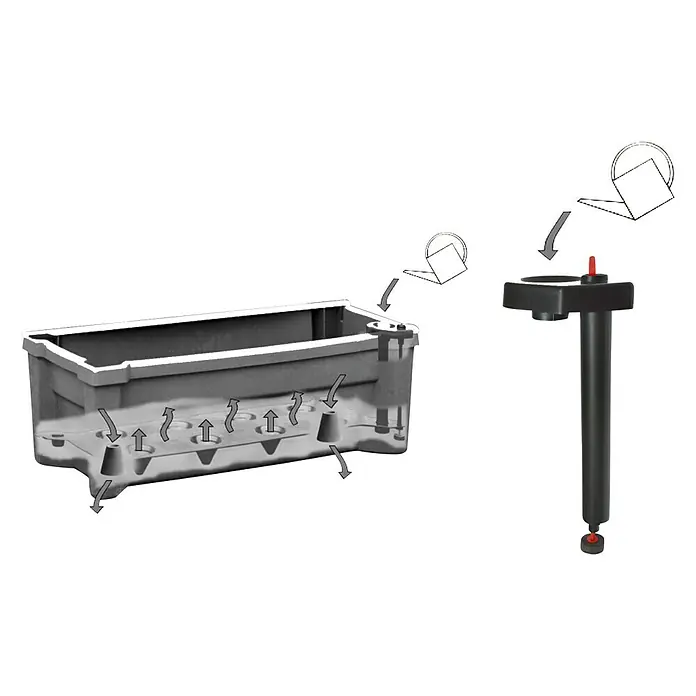 KHW Pflanzkasten Calypso - Außenmaß (L x B x H): 79 x 35 x 33 cm, Kunststoff, Grau, Ohne Rankgitter - Illustration eines Bewässerungssystems für Pflanzkästen mit Wasserstandsanzeige und Schema zur Befüllung des Systems.