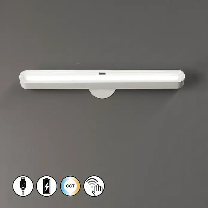 FHL easy Magnetic LED-Unterbauleuchte - L x B x H: 37 x 3,5 x 5 cm, Lichtfarbe: Neutralweiß, 230 V - Weiße rechteckige LED-Lichtleiste mit USB-Ladefunktion, CCT-Anpassung und Bewegungssensor-Symbolen.