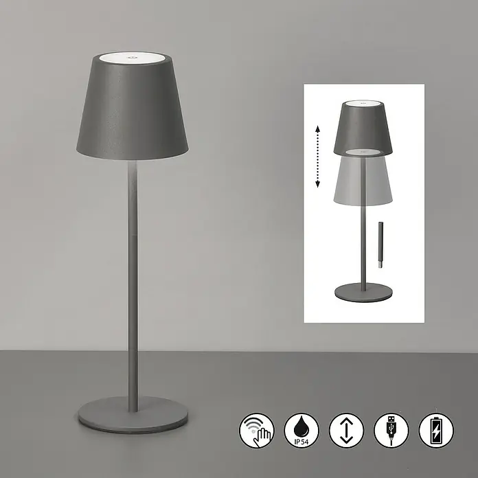 FHL easy Akku-Tischleuchte Viletto - 2 W, L x B x H: 11 x 11 x 36,5 cm, Sandgrau, Warmweiß - Dunkelgraue, tragbare Tischleuchte mit verstellbarer Höhe, Touch-Steuerung und IP54-Schutz, mit USB-Lade- und Akku-Symbolen.