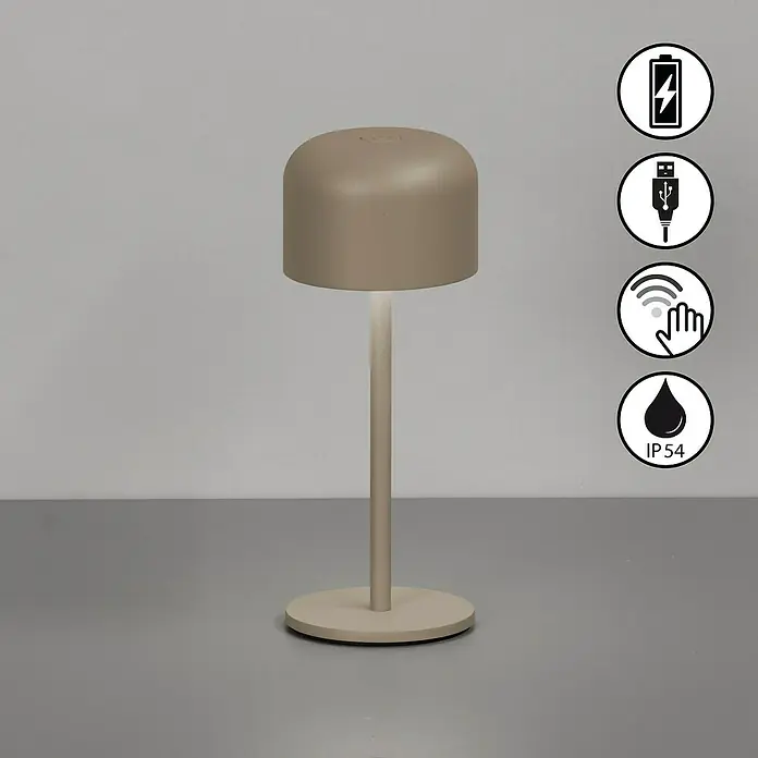 FHL easy Akku-Tischleuchte Finley - 1 W, L x B x H: 8,7 x 8,7 x 22 cm, Greige, Warmweiß - Eine beige, moderne, wiederaufladbare Tischlampe mit Touch-Steuerung und IP54-Zertifizierung.