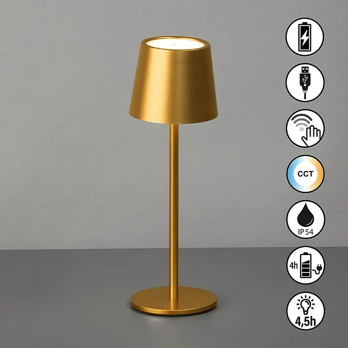 FHL easy Akku-Tischleuchte Roxi - 1,5 W, L x B x H: 9 x 9 x 27,5 cm, Gold, Warmweiß - Goldene tragbare Tischlampe mit Touch-Steuerung, einstellbarer Lichtfarbe, USB-Ladefunktion und IP54-Wasserschutz.