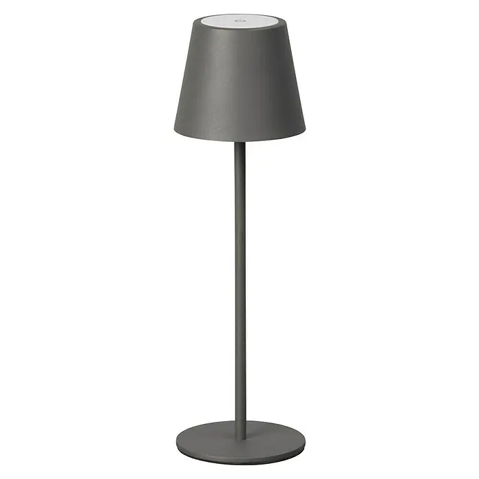 FHL easy Akku-Tischleuchte Viletto - 2 W, L x B x H: 11 x 11 x 36,5 cm, Sandgrau, Warmweiß - Eine graue Metall-Tischlampe mit konischem Schirm, schlankem Ständer und rundem Fuß. Die Oberseite des Schirms ist weiß.