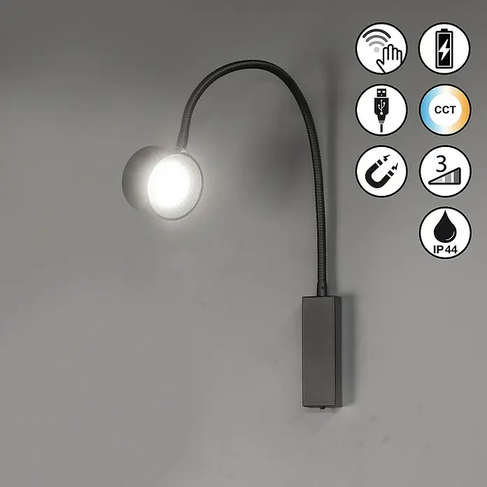 FHL easy Magnetic Akku-Wandleuchte Flex - 1,5 W, L x B x H: 7,5 x 7,5 x 40 cm, Sandschwarz - Schwarze flexible Schwanenhals-Wandleuchte mit hellem Licht, mit Touch-Steuerung, CCT und Dimmfunktion.