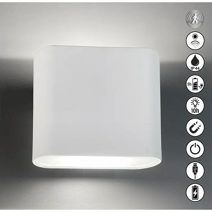 FHL easy Magnetic Akku-Wandleuchte - 5,5 x 10 x 10 cm, Sandweiß, Warmweiß, 1 W, IP44 - Weiße rechteckige Wandleuchte mit Bewegungsmelder, Lichtsensor, Magnetbefestigung und wiederaufladbarem Akku.