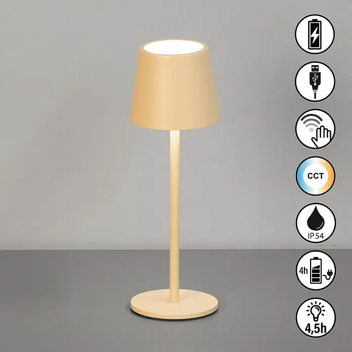 FHL easy Akku-Tischleuchte Roxi - 1,5 W, L x B x H: 9 x 9 x 27,5 cm, Sandfarben, Warmweiß - Beige kabellose Tischleuchte mit konischem Schirm und rundem Fuß, mit Touch-Steuerung, einstellbarer CCT und IP54-Schutzart.