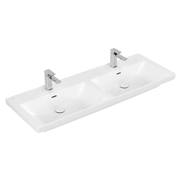 Villeroy & Boch Subway 3.0 Aufsatzwaschbecken - Mit schmutzabweisender Glasur, Mit Überlauf, Stone White, Anzahl Hahnlöcher: 2, Anzahl Waschschüsseln: 2 Stk. - Weißes, rechteckiges Doppelwaschbecken aus Keramik mit zwei Chromarmaturen.