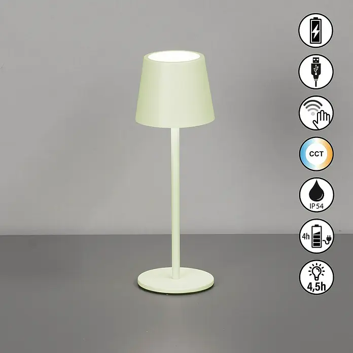 FHL easy Akku-Tischleuchte Roxi - 1,5 W, L x B x H: 9 x 9 x 27,5 cm, Mint, Warmweiß - Cremefarbene, tragbare Tischleuchte mit konischem Schirm, USB-Ladefunktion, Touch-Steuerung, einstellbarer CCT, IP54, 4h Lade- und 4,5h Akkulaufzeit.